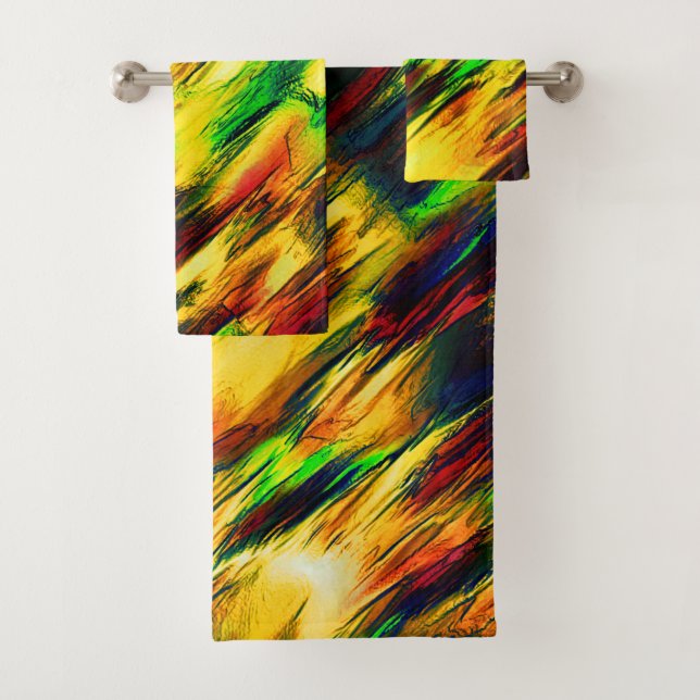 Raged stained from red to yellow, a little green  bath towel set (Insitu)