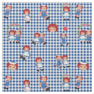 Raggedy Ann and Andy on Dark Blue Gingham Fabric