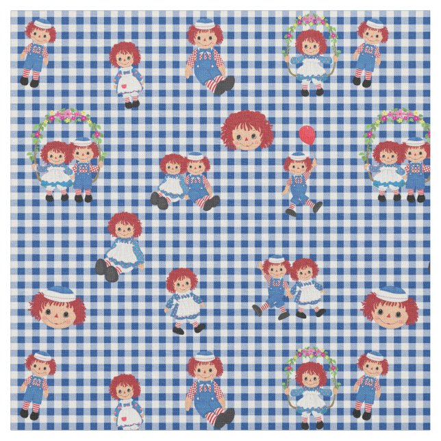 Raggedy Ann and Andy on Dark Blue Gingham Fabric (Close Up)