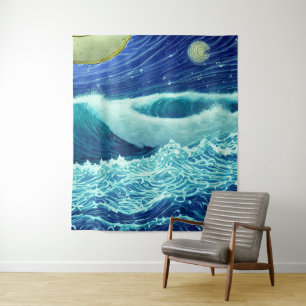 Raging Waves Blue Ocean Night Tapestry