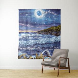Raging Waves Midnight Sky Tapestry