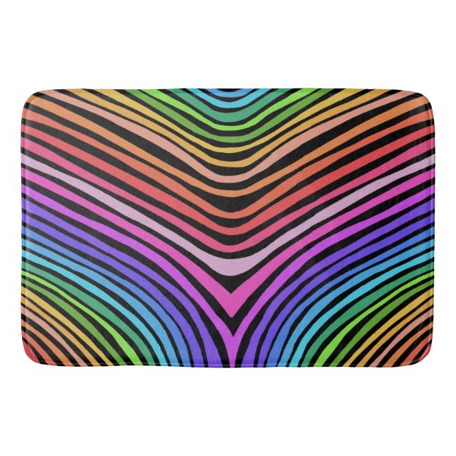 Raibow Stripes Curves Lines on Black Bath Mat (Front)
