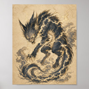 Raiju Gold Tail Japanese Yokai Art Poster