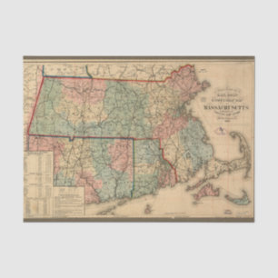 Rail Road Map of Massachusetts, 1879 Decoupage Tissue Paper