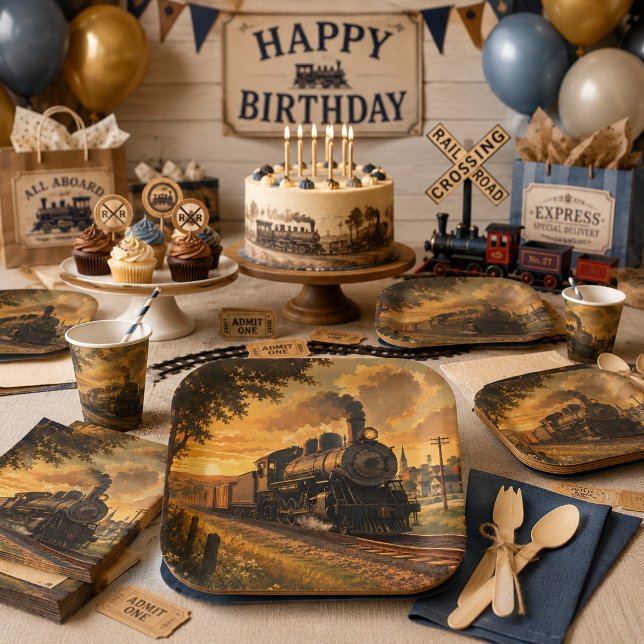 Railroad Charm Vintage Steam Train Paper Plate (Creator Uploaded)