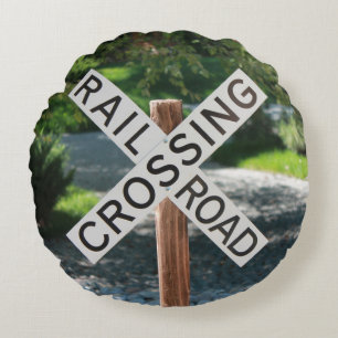Railroad Freight Train Crossing Railway Worker Round Pillow