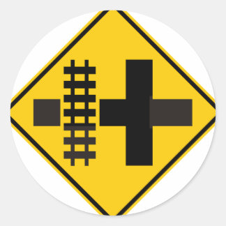Railroad Parallels Main Road at Crossroad Sign Classic Round Sticker