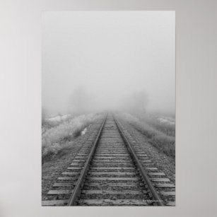 railroad tracks fade into the morning fog poster