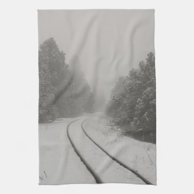 Railroad Tracks Winter Fog Photo Kitchen Towel (Vertical)