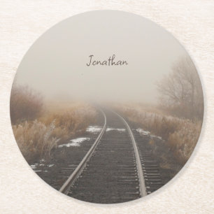 Railroad Tracks Winter Landscape Personalized Round Paper Coaster