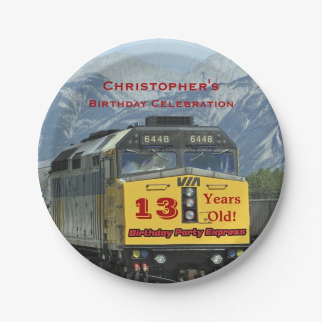 Railroad Train, 13th Birthday Name Round or Square Paper Plate (Front)