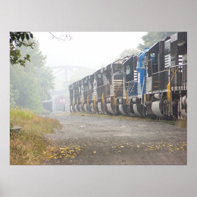 Railroad Train Locomotives In The Mist Poster (Front)