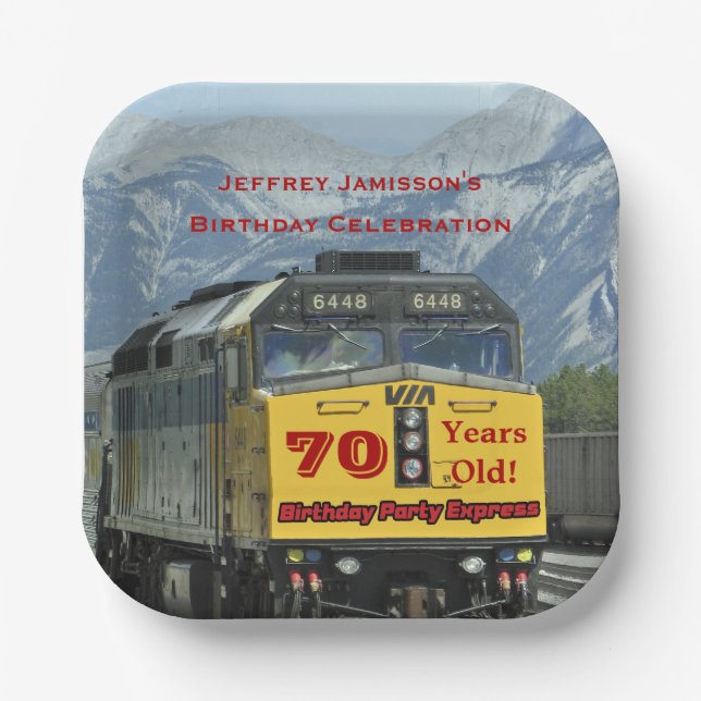Railroad Train Yellow Engine 70th Birthday, Name Paper Plate (Front)