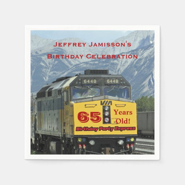 Railroad Train Yellow Engine, Name, Birthday Paper Napkin (Front)