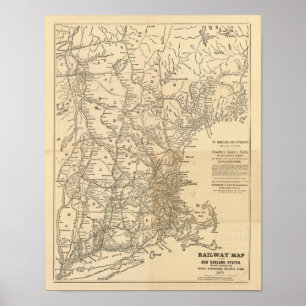 Railway map New England States Poster