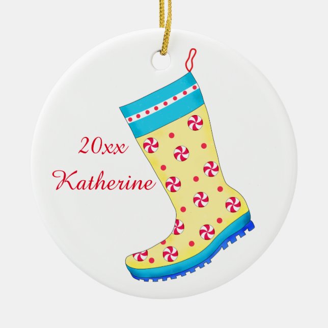 Rain Boot Shoe Lover Christmas Stocking Name Ceramic Ornament (Front)