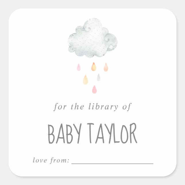 Rain Cloud Girl Baby Shower Bookplate Square Sticker (Front)
