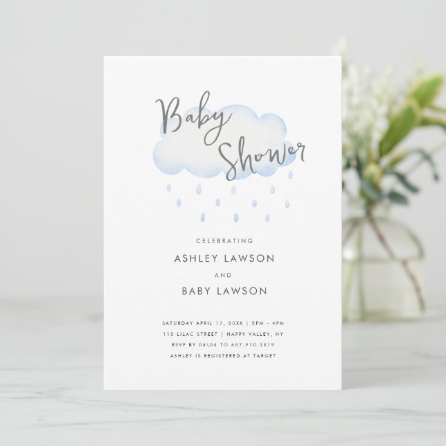 Rain Drop Modern Minimal Watercolor Baby Shower Invitation (Standing Front)