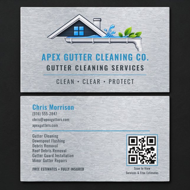 Rain Gutter Cleaning Metallic QR Code Business Card (Creator Uploaded)