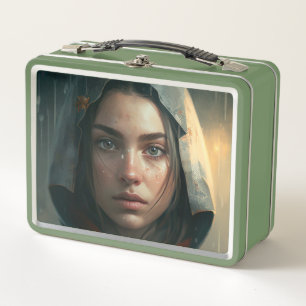 Rain hood girl metal lunch box