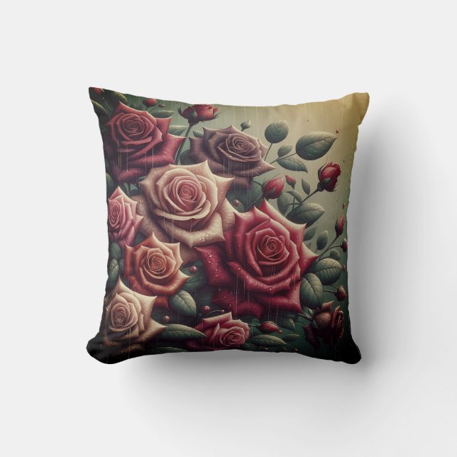 “Rain-Kissed Roses: Vibrant Elegance" Throw Pillow (Front)