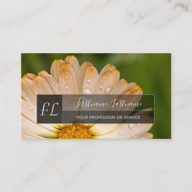 Rain on orange blossom grey rectangle monogram business card (Front)