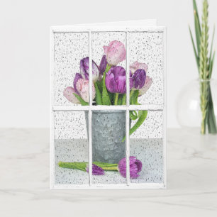 rain on window with tulip bouquet card