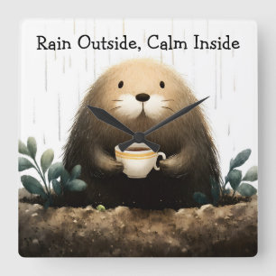 Rain outside, calm inside. Mole Drinking Coffee Square Wall Clock