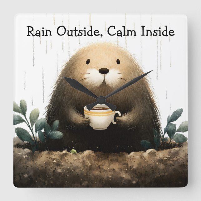 Rain outside, calm inside. Mole Drinking Coffee Square Wall Clock (Front)