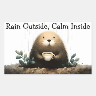 Rain outside, calm inside. Mole Drinking Coffee Sticker