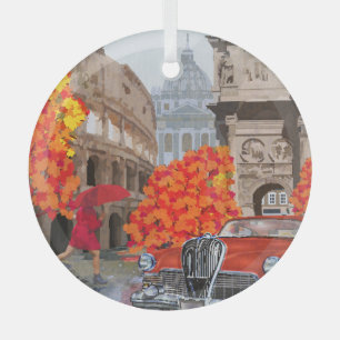 Rain-Soaked Rome Vintage Poster Glass Ornament