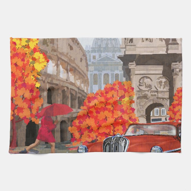 Rain-Soaked Rome Vintage Poster Kitchen Towel (Horizontal)