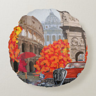 Rain-Soaked Rome Vintage Poster Round Pillow