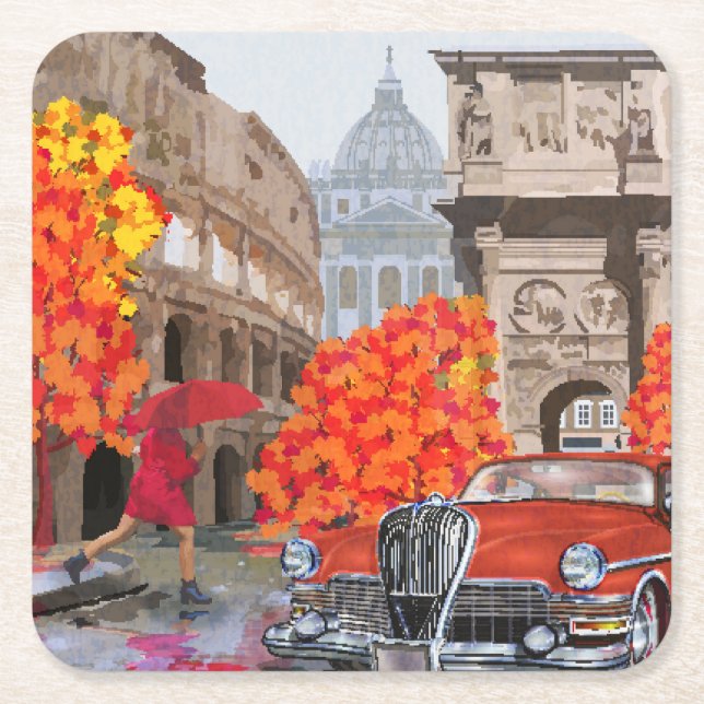 Rain-Soaked Rome Vintage Poster Square Paper Coaster (Front)
