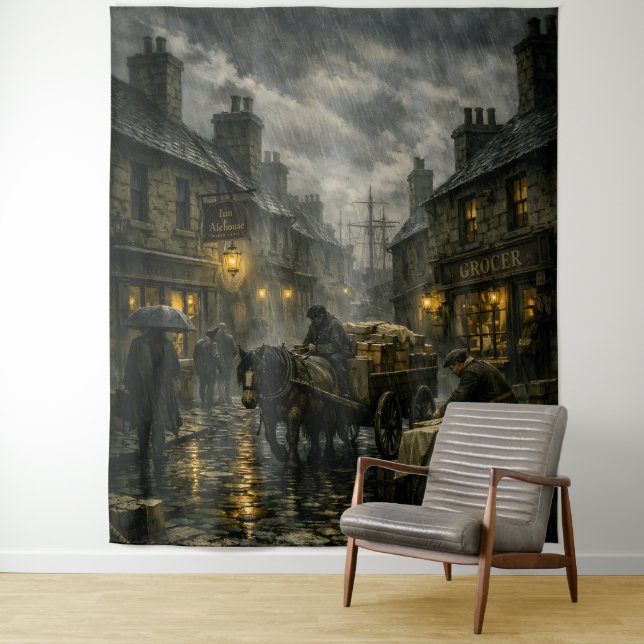 Rain‑Soaked Victorian Street Scene by BurnsInHell Tapestry (In Situ)