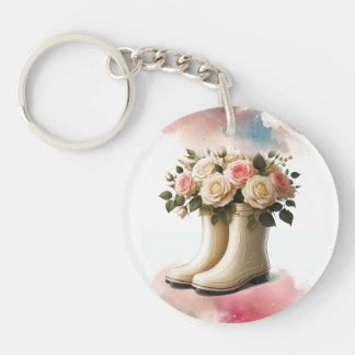 Rainboots and Roses Vintage Style Keychain