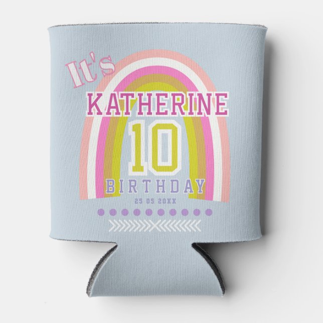 Rainbow 10th Birthday Light Blue Can Cooler (Front)