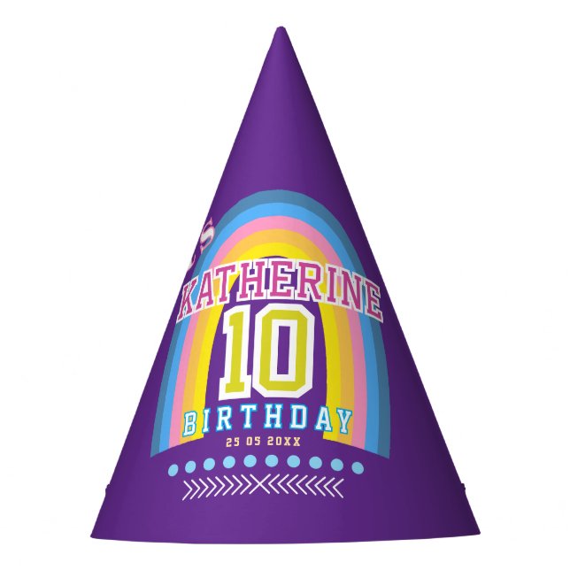 Rainbow 10th Birthday Purple Party Hat (Front)