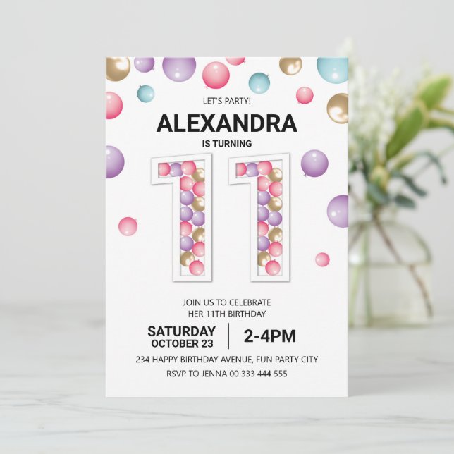 Rainbow 11th Birthday Party, Pink Balloon Girl Invitation (Standing Front)
