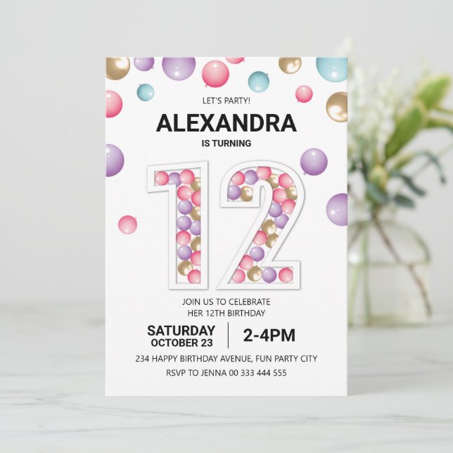 Rainbow 12th Birthday Party, Pink Balloon Girl Invitation (Standing Front)