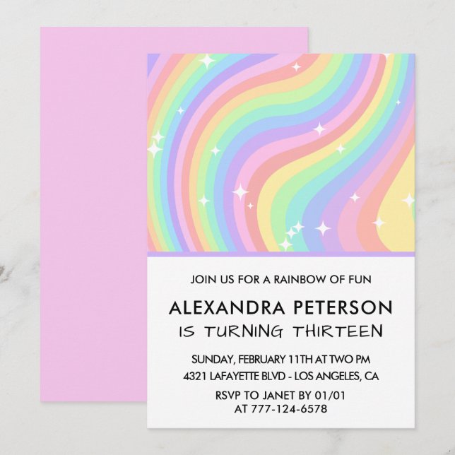 Rainbow 13e anniversaire invitations Pastel Cute (Devant / Derrière)