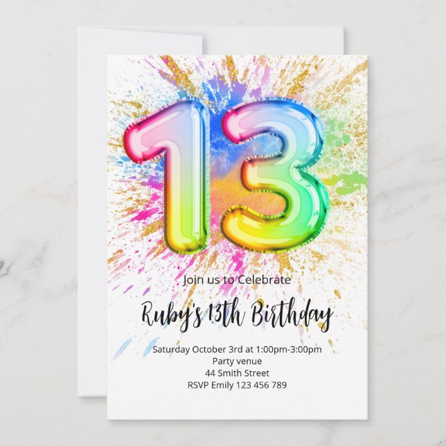 Rainbow 13th Birthday Invitation (Devant)
