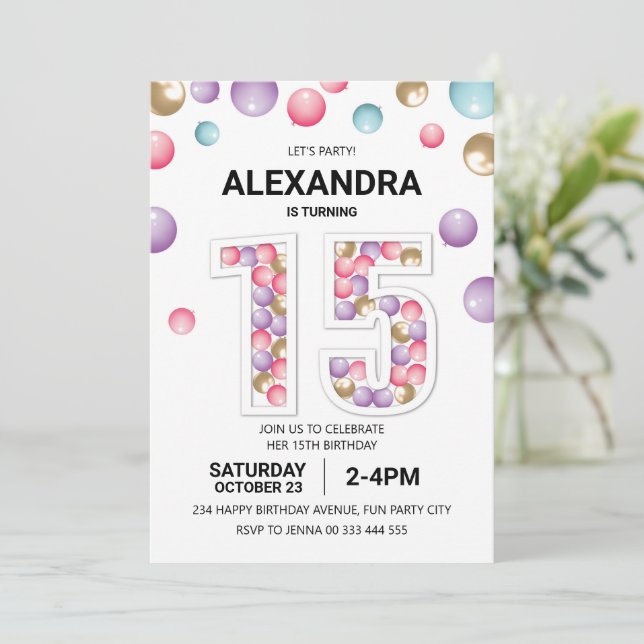 Rainbow 15th Birthday Party, Pink Balloon Girl Invitation (Standing Front)