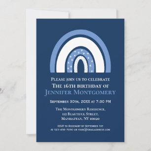 Rainbow 16th Birthday Party White And Blue Invitation