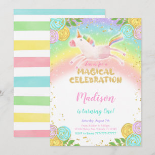 Rainbow 1er Anniversaire Unicorn Party Invitation