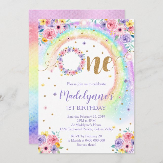 Rainbow 1st Birthday Invitation (Front/Back)
