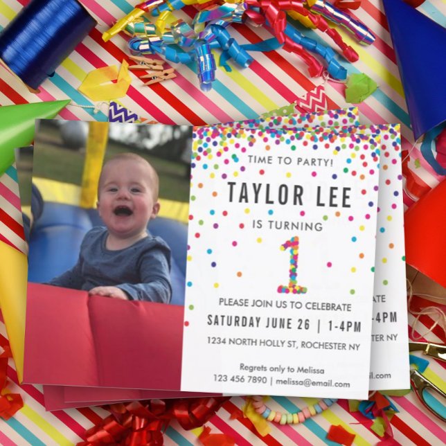 Rainbow 1st Birthday Party, Photo First Birthday I Invitation (Rainbow confetti invitation with photo for your kiddo's first birthday!)