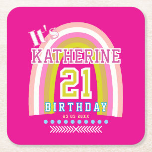 Rainbow 21st Birthday Hot Pink Square Paper Coaster