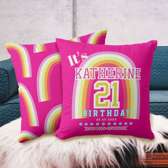Rainbow 21st Birthday Hot Pink Throw Pillow (Rainbow 21st Birthday Hot Pink Throw Pillow)