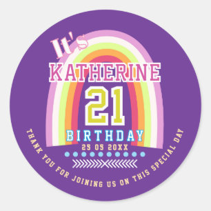 Rainbow 21st Birthday Purple Classic Round Sticker